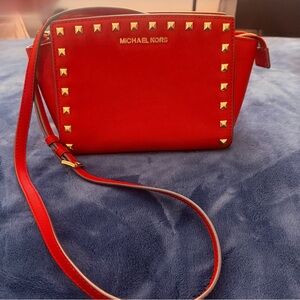 Michael Kors Red Studded Satchel Handbag Gold Hardware Logo Plate